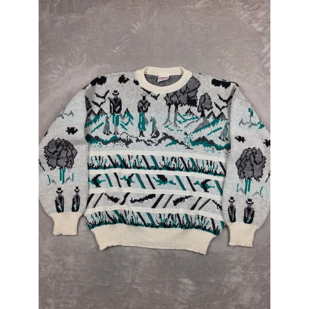 Vintage Forum Intarsia Knit Sweater Mens L White Graphic Italy Wool Blend